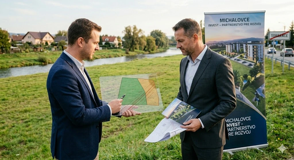 Predaj pozemku Michalovce. Maklér ukazuje investorovi v obleku na transparentnej tabuli presné rozdelenie pozemku priamo v teréne. V pozadí je reklamný banner s vizualizáciou budúcej výstavby "Invest - Partnerstvo pre rozvoj".