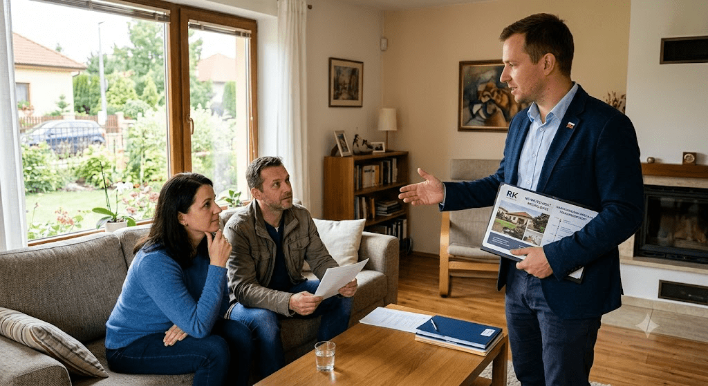 Komplikovaný predaj nehnuteľnostiRealitný maklér v modrom saku stojí v obývačke rodinného domu a vysvetľuje stratégiu predaja páru sediacemu na pohovke. V pozadí je krb a veľké okno s výhľadom do záhrady. Atmosféra je vecná.
