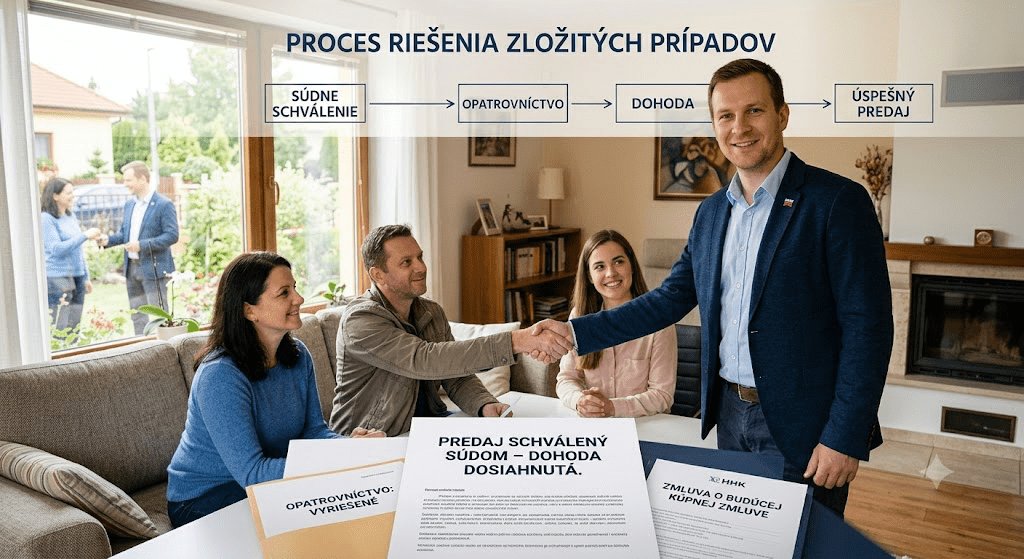 Spoločný portrét všetkých protagonistov príbehu pred modernizovaným rodinným domom s novou omietkou a oknami. Maklér s úsmevom drží zväzok kľúčov a podáva ho novému majiteľovi. Všetci sú šťastní.