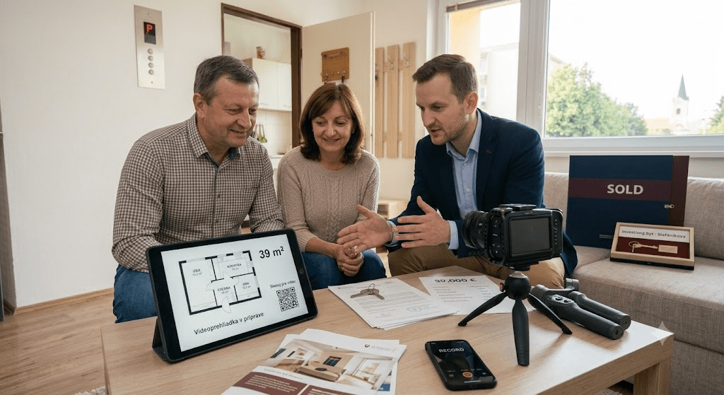 Príprava profesionálnej prezentacije nehnuteľnosti vrátane videoprehliadky, pôdorysu a fotografií 39 m² bytu.