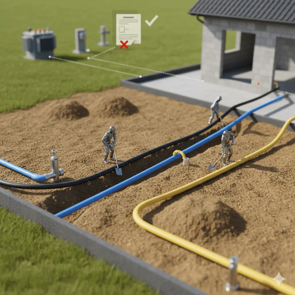 3D vizualizácia pracovníkov inštalujúcich potrubia inžinierskych sietí (voda, plyn, elektrina) v zemi smerom k novostavbe domu.