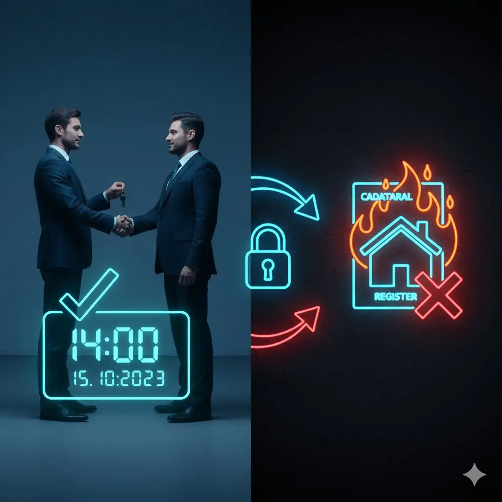Dva kontrasty: vľavo muži v oblekoch podávajúci si ruky s neónovým časom 14:00 15.10.2023, vpravo symbol domu v plameňoch s prečiarknutým nápisom "Cadataral Register".
