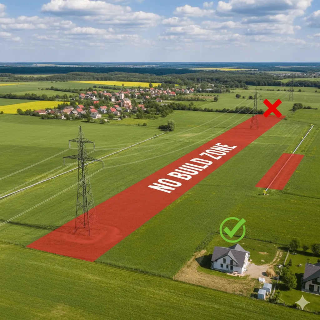 Letecký pohľad na krajinu s vyznačenou červenou zónou zákazu stavby popod elektrické vedenie a povoleným miestom na stavbu mimo tohto pásma.