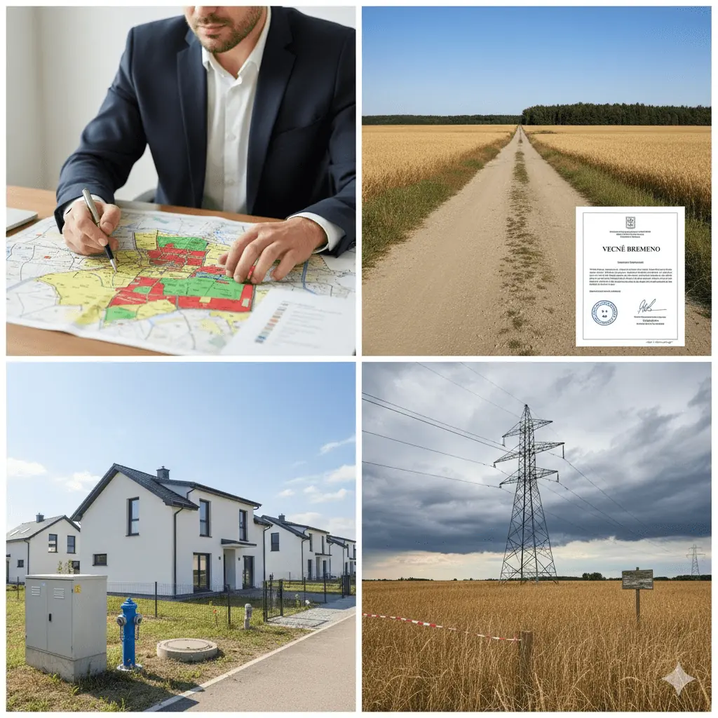 Koláž štyroch obrázkov znázorňujúca prácu s mapou, prístupovú cestu s dokumentom o vecnom bremene, inžinierske siete pri dome a ochranné pásmo elektrického vedenia.