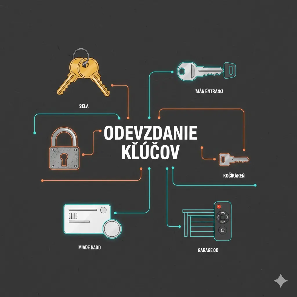 Schéma prevodu kľúčov znázorňujúca kľúče od bytu, vchodu, kočikárne, garáže a prístupovú kartu, prepojené neonovými čiarami k nápisu "Odovzdanie kľúčov".