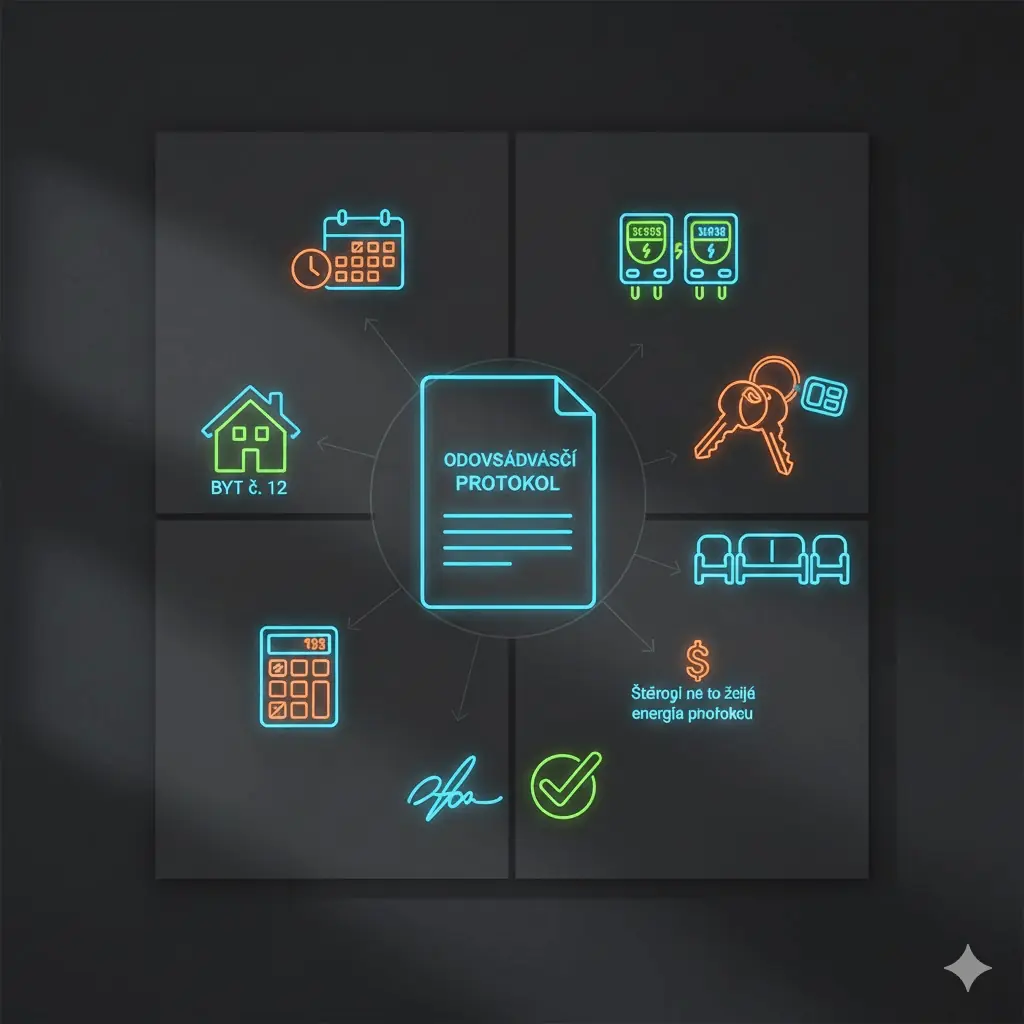 Neonová grafika na tmavom pozadí znázorňujúca dokument "Odovzdávací protokol" v strede, obklopený ikonami domu, času, meračov energií, kľúčov a nábytku.
