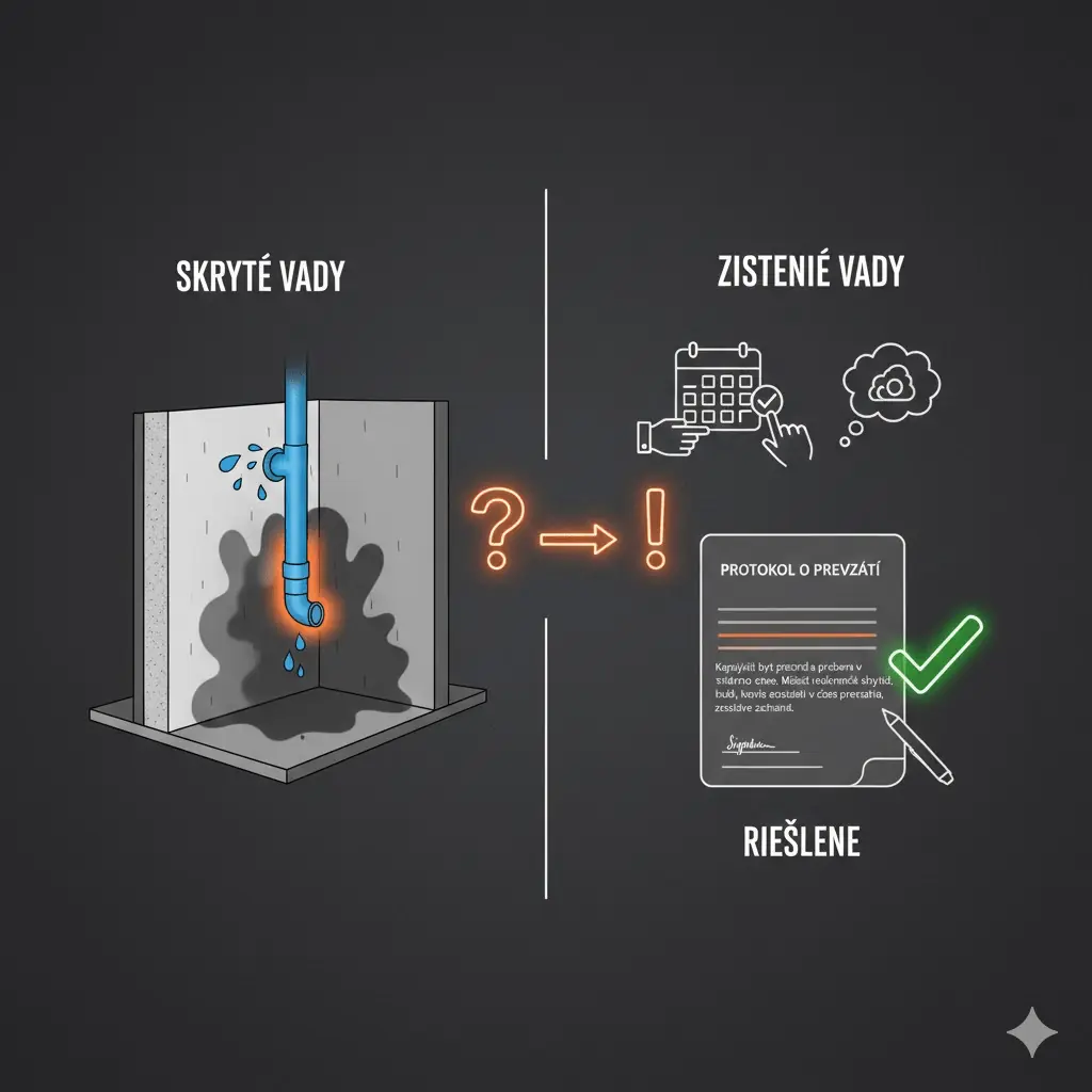 Infografika zobrazujúca vľavo tečúce potrubie v stene pod nápisom "Skryté vady" a vpravo dokument "Protokol o prevzatí" s prečiarknutým nápisom "Riešlene" pod nápisom "Zistenie vady".