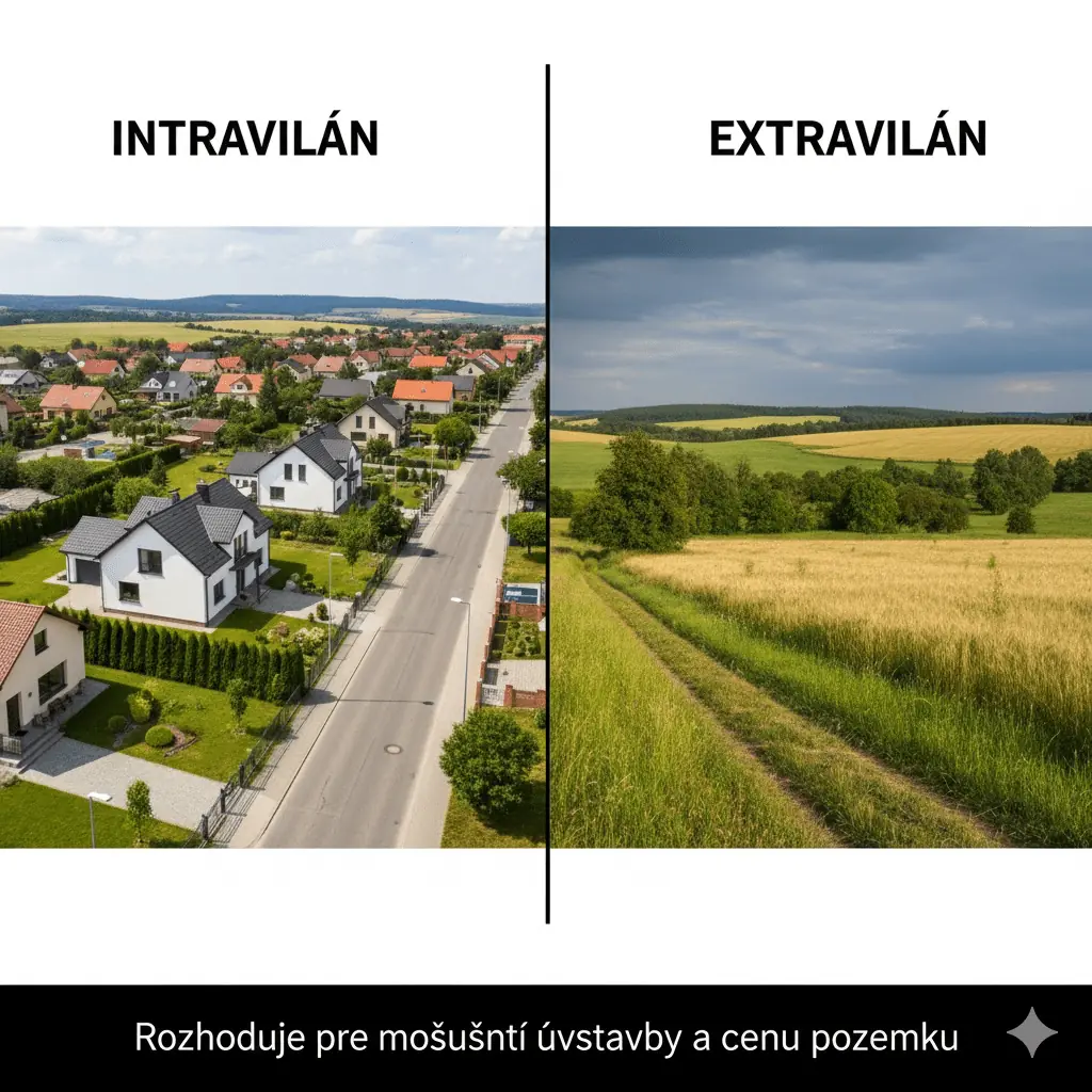 Rozdelený obrázok zobrazujúci intravilán ako obec s domami a cestami, a extravilán ako voľnú poľnohospodársku krajinu s poľnou cestou.