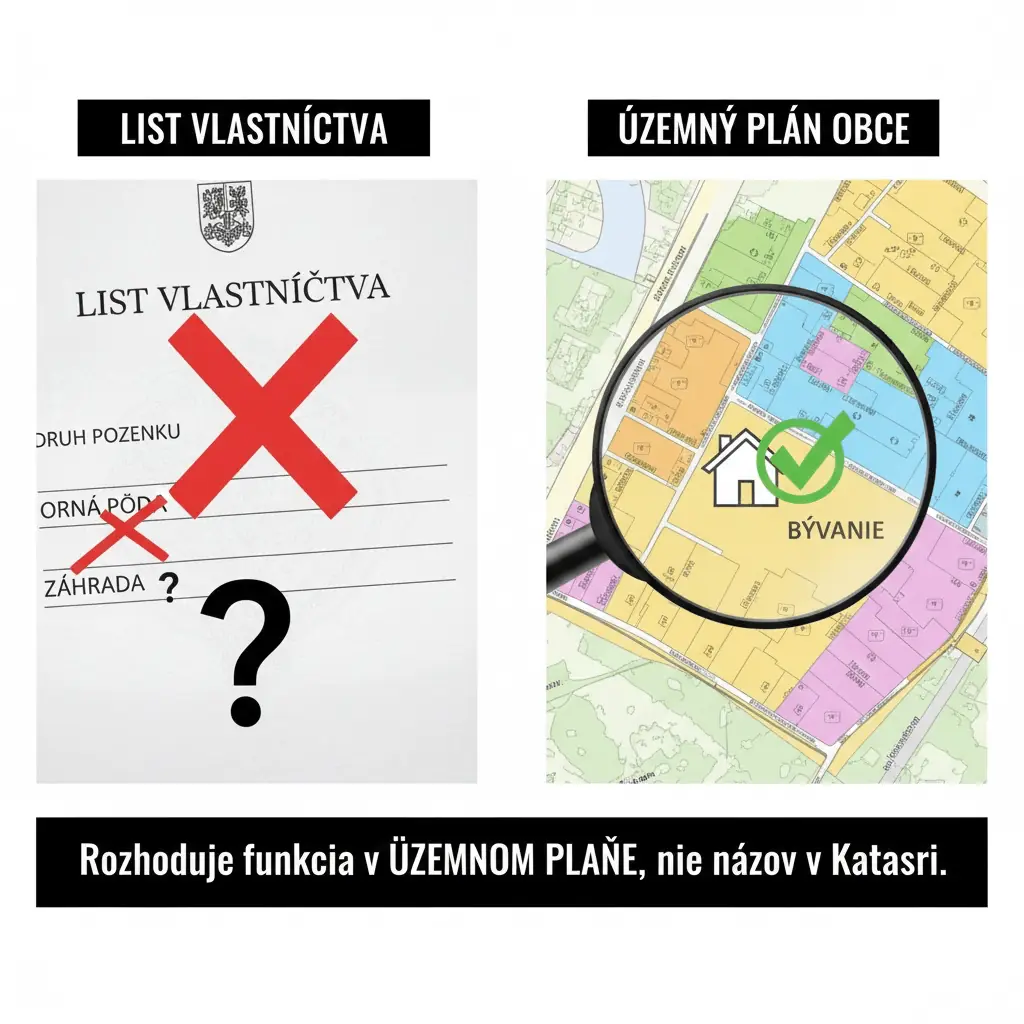 Porovnanie listu vlastníctva s prečiarknutým druhom pozemku a územného plánu, ktorý potvrdzuje funkciu plochy na bývanie so zelenou fajkou.