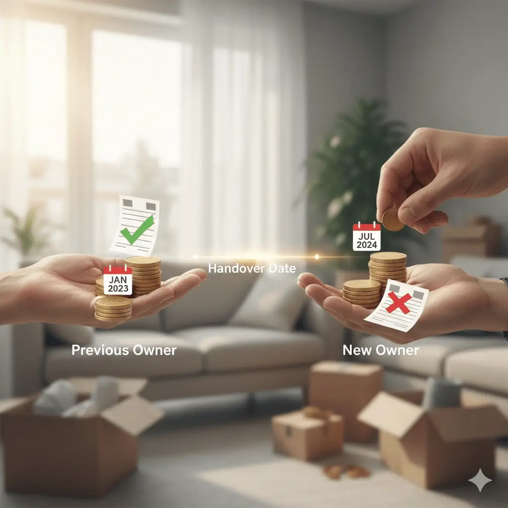 Fotorealistický záber rúk vymieňajúcich peniaze a dokumenty s krabicami v pozadí, symbolizujúci finančné vyrovnanie medzi predávajúcim a kupujúcim k dátumu odovzdania.