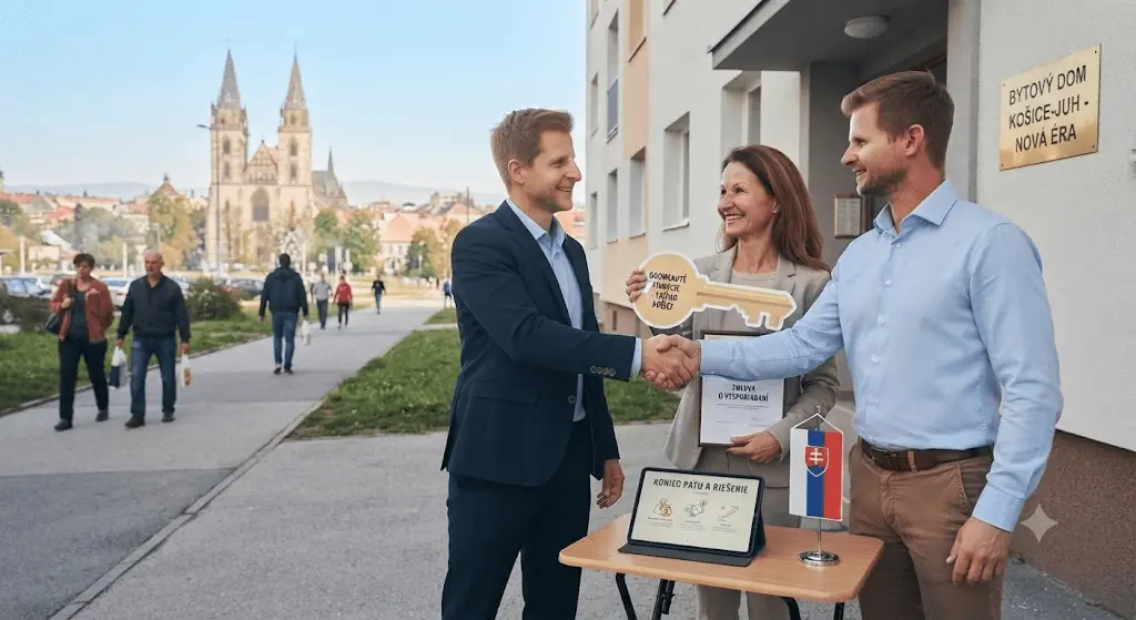 Vysporiadanie spoluvlastníckeho podielu Košice: Ako sa podarilo vyriešiť 3-ročný problém 9 Traja ľudia sedia za dreveným stolom s dotykovou mapou na námestí v Košiciach, v pozadí Dóm sv. Alžbety. Profesionálny prístup pre Vysporiadanie spoluvlastníckeho podielu Košice.