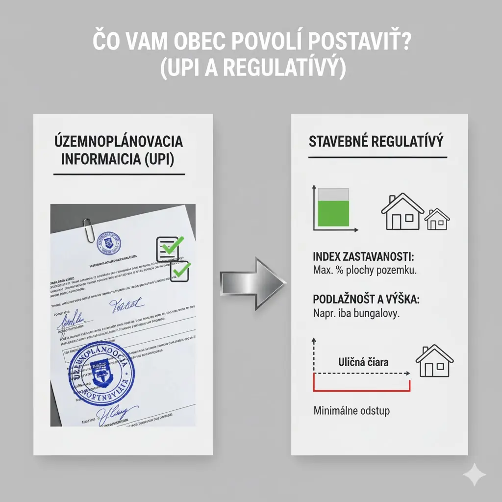 Infografika porovnávajúca dokument UPI s technickými pravidlami, ako sú index zastavanosti, uličná čiara a výška podlažia.