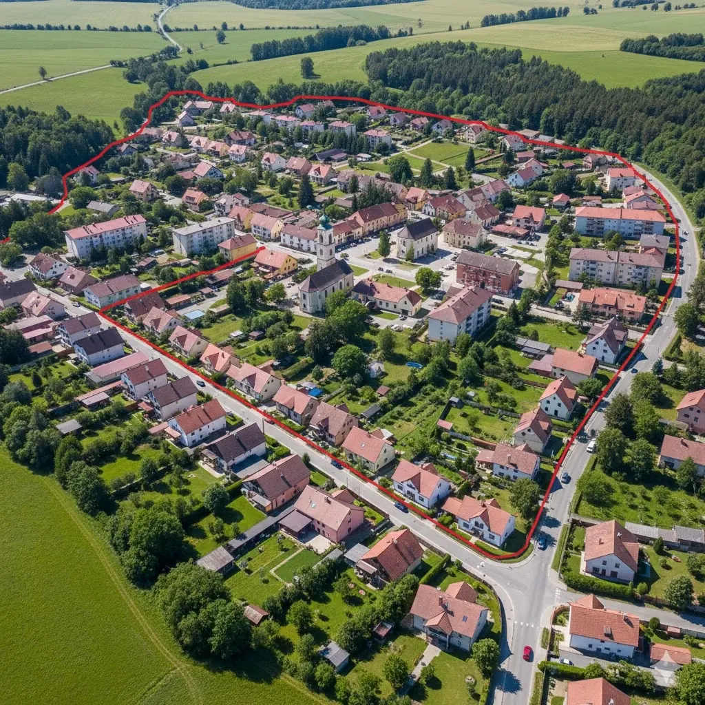 Letecký pohľad na obec s červenou líniou vyznačujúcou intravilán, zobrazujúci zastavané územie s rodinnými domami a infraštruktúrou pre stavebné povolenie.