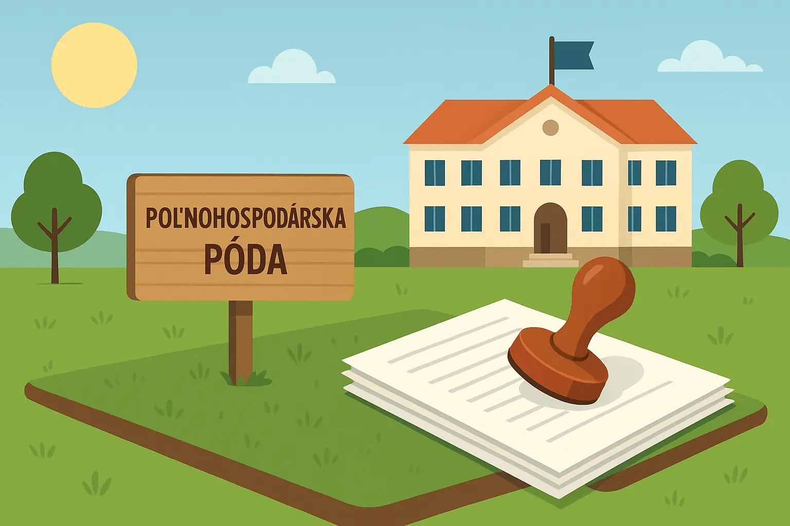 Aké druhy pôdy poznáme? Čo je záhrada? 5 Pozemok označený ako poľnohospodárska pôda, vedľa dokumenty a úradná budova, ilustrujúce proces odňatia pôdy a finančné dopady