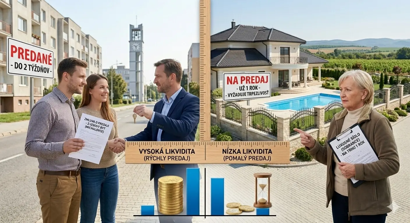 Čo je likvidita? 2 Infografika porovnávajúca likviditu nehnuteľností: na ľavej strane rýchly predaj bytu, na pravej strane pomalý predaj luxusného domu, s grafom rýchlosti predaja.