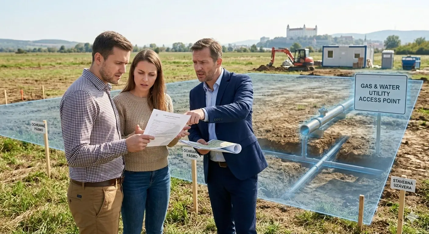 Realitný maklér ukazuje prekvapenému páru na pozemku vizualizáciu skrytého ochranného pásma plynovodu a vodovodu, ktoré nie je na liste vlastníctva.