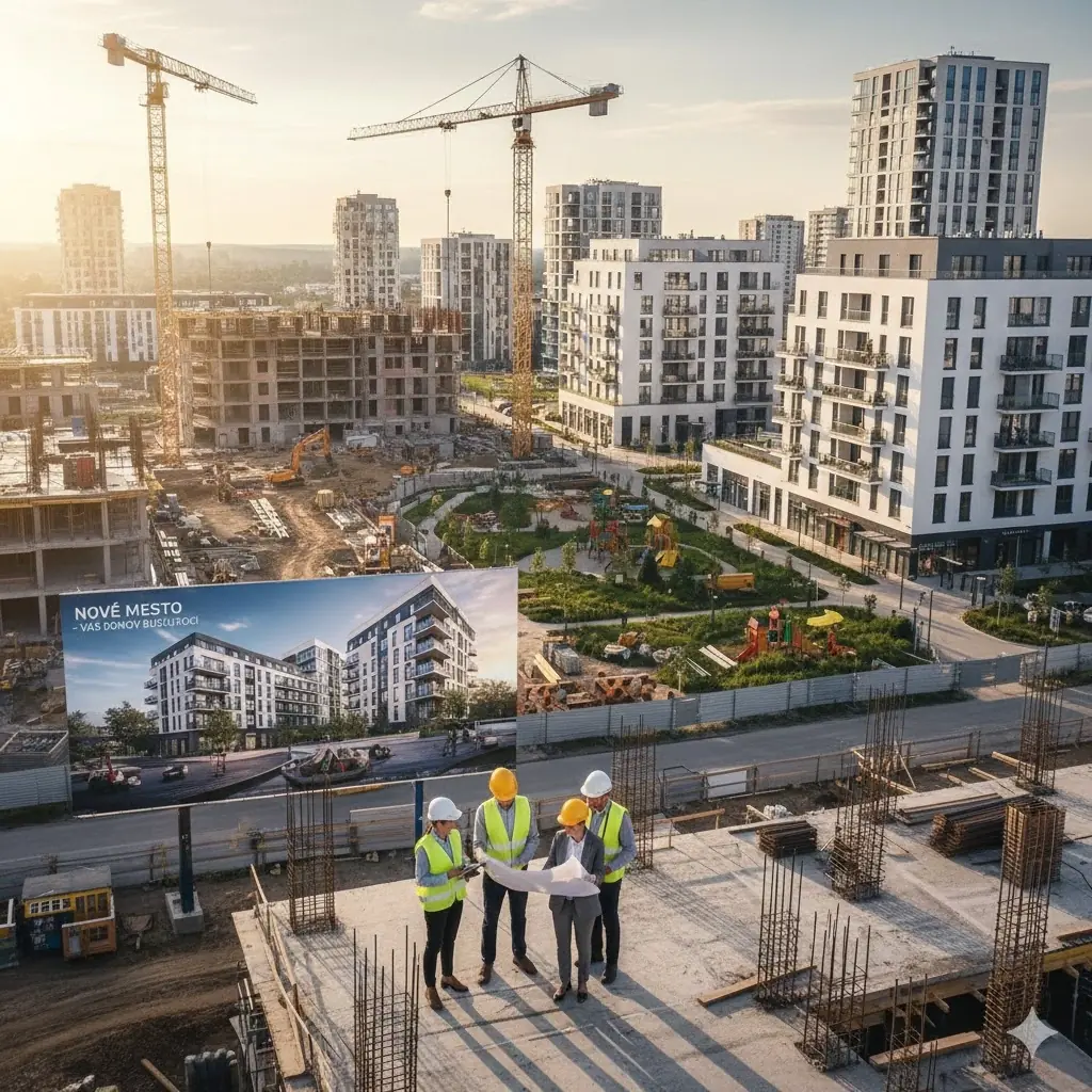 Čo je developer a developerský projekt? 2 Pohľad na stavenisko developerského projektu s rozostavanými bytovými domami, žeriavmi a billboardom s vizualizáciou projektu, kde skupina odborníkov v reflexných vestách konzultuje stavebné plány.