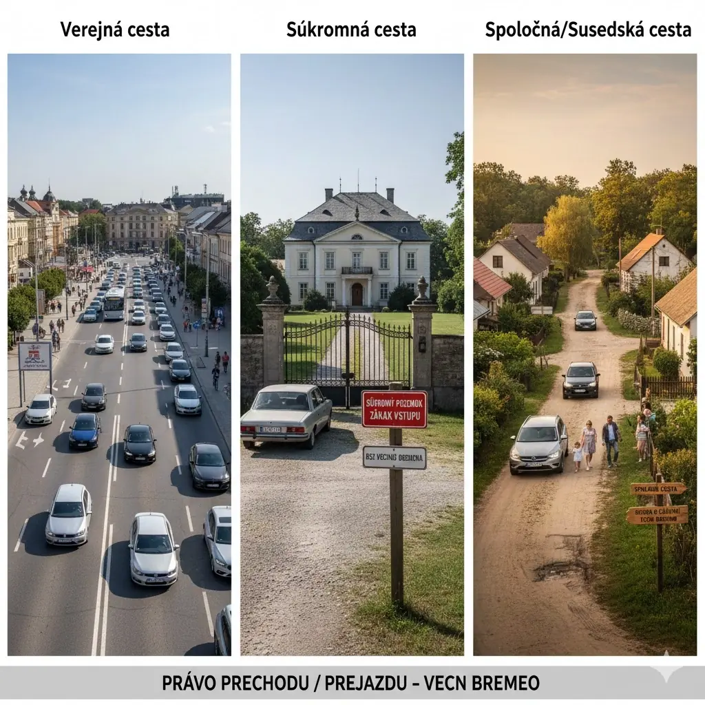 Infografika vysvetľujúca vlastnícke právo k pozemku pod cestou, rozdelená na verejnú cestu, súkromnú cestu a spoločnú susedskú cestu s vysvetlením vecného bremena pre právo prechodu a prejazdu.